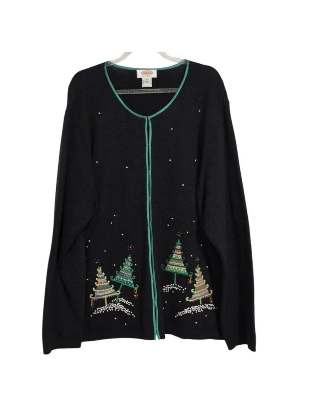 Talbots Beaded Christmas Trees Cardigan Womens Size 3X Black Festive Holiday